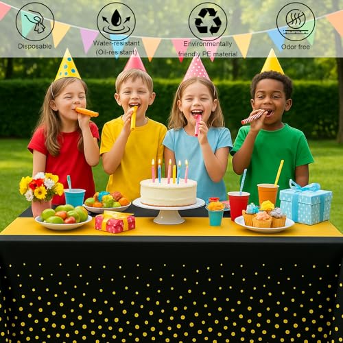Image of 6Pcs Black and Gold Graduation Tablecloth, Graduation Decorations 2026, Retirement Party Decorations for Rectangle Tables, 54 inchx108 inch Disposable Plastic Table Cover for Congrats Birthday Wedding