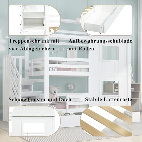 EINHOM Etagenbett 90x200 cm, Kinderbett mit Treppenschrank Schubladen, Stauraumbett mit Zwei Schubladen, mit Fenster und Dach, Rausfallschutz Geländer, Weiß (Ohne Matratze)