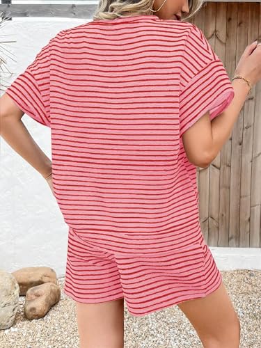 Image of Tankaneo Womens Pajama Sets Striped 2 Piece Lounge Sets Short Sleeve Oversized T Shirts Drawstring Shorts Matching Set
