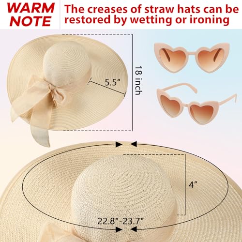 Jeyiour 12 Pcs Women Floppy Summer Hat Wide Brim with Heart Shape Glasses Big Bowknot Straw Hat Sun Hats Heart Sunglasses2