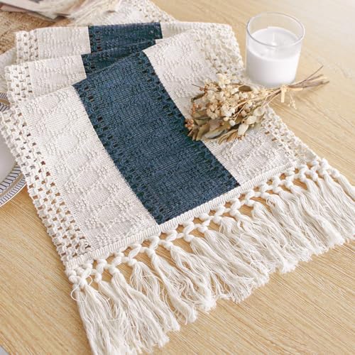 Image of FEXIA Boho Blue Table Runner 108 Inches Long with Tassels Macrame Farmhouse Summer Style Graduation Party Rustic Wedding Baby Shower Dining Kitchen Living Room Decor (12x108 Inches)