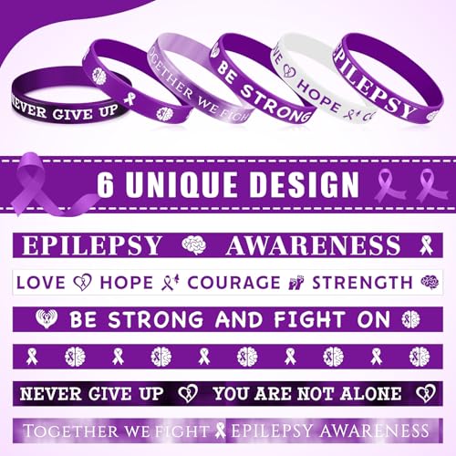 Image of Landical 300 Pcs epilepsy awareness Silicone Bracelets Purple Ribbon Motivational Rubber Wristbands Colored epilepsy awareness wristbands For Event Support Charity Supplies Favor