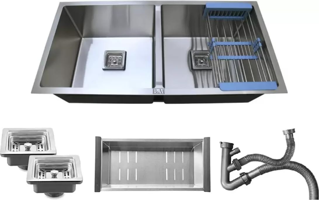 Bowls & More | Handmade Kitchen Sink | 45” x 20" x 10" Matt Finish With Tray And Wire Vegetable Basket | Double Bowl | Heavy duty Stainless Steel Sink | Vessel Sink (SILVER) (B0CL9VVQNC) Amazon Price History, Amazon Price Tracker