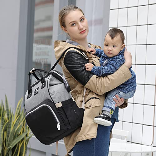 Hafmall Diaper Bag Backpack, Large Baby Diaper Bag With Stroller Hooks, Multifunctional Travel Nappy Bag, Stylish & Waterproof, Gray Black #TOP7