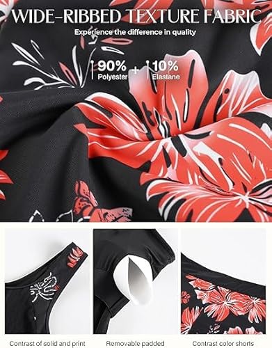 Hanna Nikole Damen Sportlich Tankini Set, Freizeit Zweiteiliger Badeanzug, Sommer Blumenmuster Bademode, Texturen Gepolsterter Oberteil mit Shorts Schwarze und orangefarbene Blüten XL