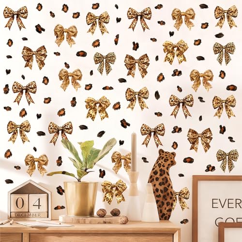 Leopard Bowknot Wall Decals Cheetah Aesthetic Wall Decals Cute Bow Wall Stickers Watercolor Boho Animal Print Dot Stickers Coquette Bowtie Wall Sticker for Girls Room Bedroom Nursery Decor
