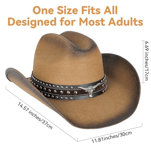 WQWOVRVO Cowboy Hat,Cowgirl hat,Brown Cowboy Hats for Women/Mens Straw Wide with Shapeable Brim Western Cowboy Hat for Womens - Image 3