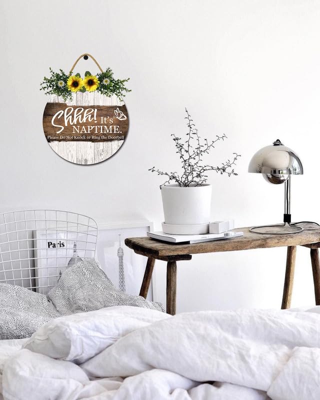 Isaric Door Signs, Shhh It's Nap Time Please Do Not Knock or Ring the Door Bell Sign 11x11 inches Hanging Baby Sleeping Sign for Front Door