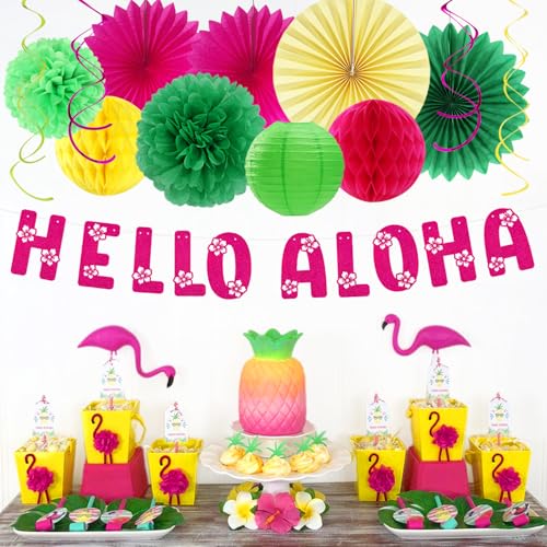 Image of Hawaiian Aloha-Luau Flamingo Party-Decorations Supplies - 21pcs Hello Banner,Pool Paper Lanterns Honeycomb,Beach Theme Streamers Garland,Tissue Pom Poms Flowers Fan,Tropical Summer Tiki Decor Burgleda