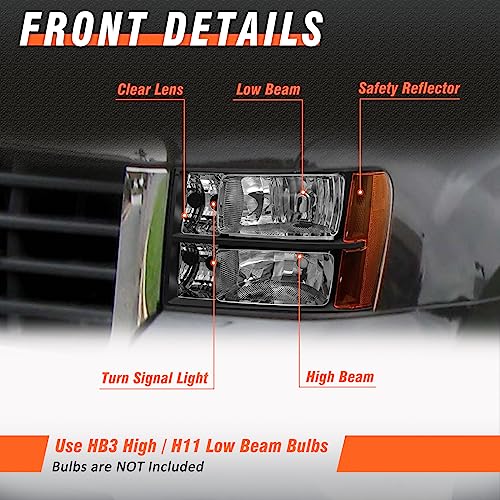 Image of Headlights Assembly for 2007 2008 2009 2010 2011 2012 2013 2014 Sierra / 07-13 GMC Sierra 1500 /07-14 GMC Sierra 2500HD 3500HD Black Housing Amber Reflector Replacement LH+RH