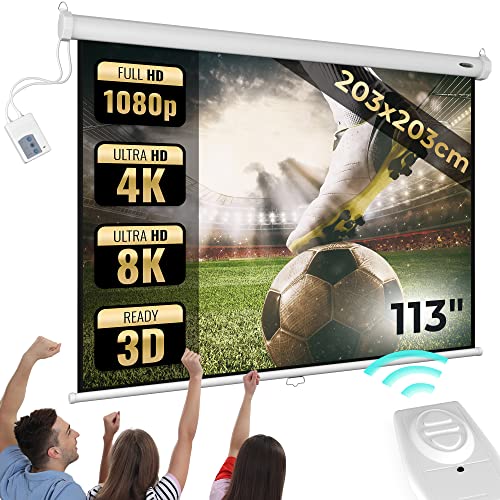 Jago® Écran de Projection Motorisé - avec Télécommande, Formats 1:1, 4:3, 16:9, HD 4K 3D - Set au Choix, Toile de Projecteur, Home Cinéma, Vidéoprojecteur (203 x 203cm)