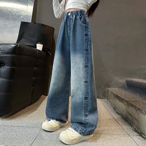 Kids Girls Wide Leg Straight Jeans Washed Elastic High Waist Denim Pants Baggy Casual Trousers for Youth Girls3
