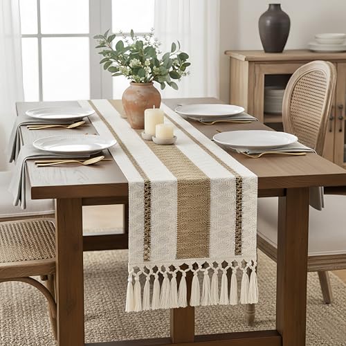 Image of FEXIA Boho Table Runner for Hoilday Spring Home Decor with Tassels 72 Inches Long Pottery barn Furniture Farmhouse Rustic Macrame Burlap Table Decoration for Living Room (12x72 Inches)