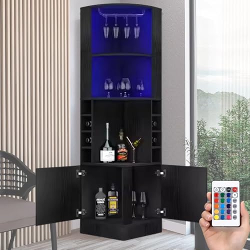 Lista de Producción de vino los 10 mejores. 12 Estante de Vino con luz led, Gabinete de Vino de Esquina, Cava Cantina esquinero, Soporte para Botellas, Soporte para Copas, Multifuncional con multiespacios Negra, Estante...