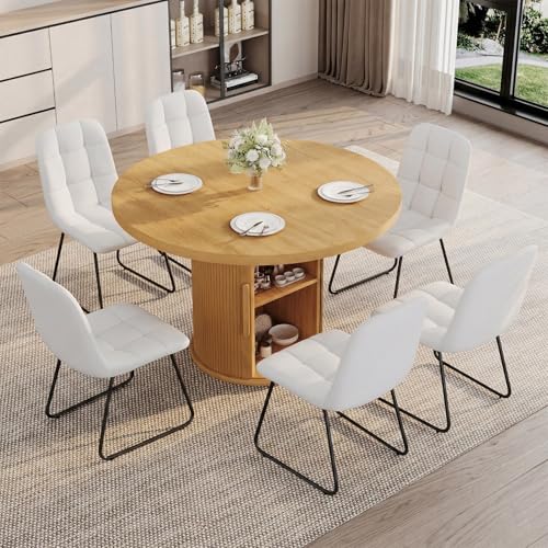Image of 5-Piece Dining Set for Small Spaces 43.3 inch Round Table & 4 PU Leather Chairs, Modern Farmhouse with Storage Shelf, Apartment Kitchen Easy Assembly (Natural Color Round Table + 4 Modern White Chairs)