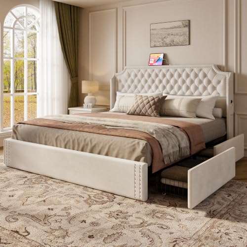 Upholstered Queen Bed Frame with Headboard, Beige Bedframe with Storage