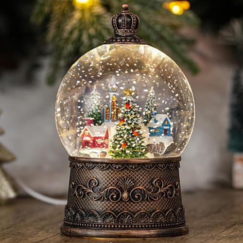 Snow Globe with Christmas Tree & Village, Light Up Christmas Snow Globes with Music Timer - USB Plug or Battery Operated Glitter Globe Indoor Christmas Decorations