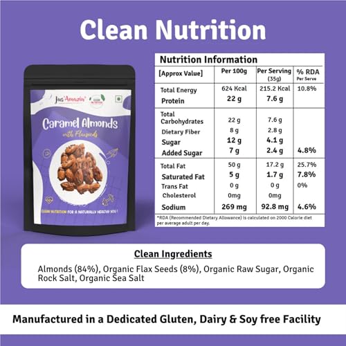 Image of Jus' Amazin Roasted Almonds Coated with Organic Flax Seeds - Sweet 'N' Salty (37g) | 22% Protein | 100% Natural | Dairy Free | Gluten Free