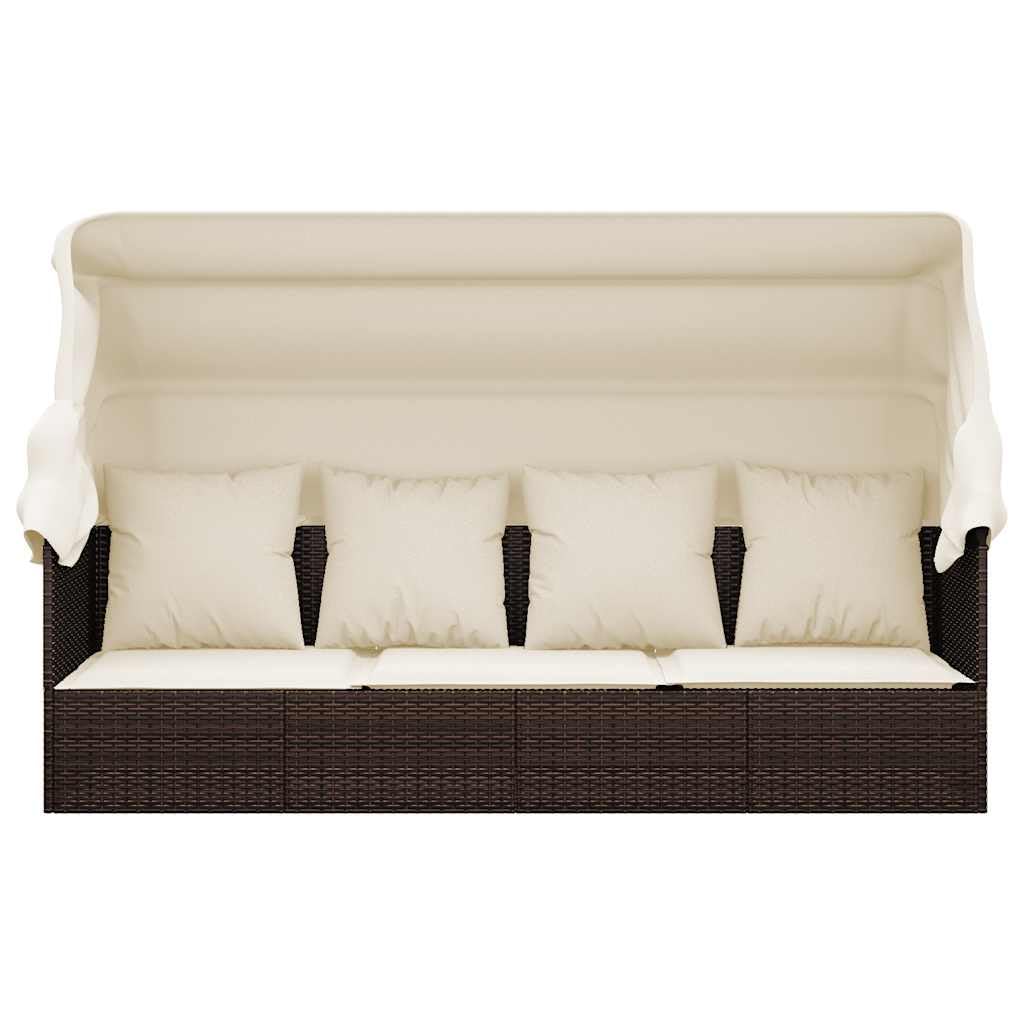 Lettino da esterno in polyrattan marrone con tettuccio parasole pieghevole, seduta e schienale imbottiti, regolabile, ergonomico, per giardino, terrazza, balcone, resistente alle intemperie