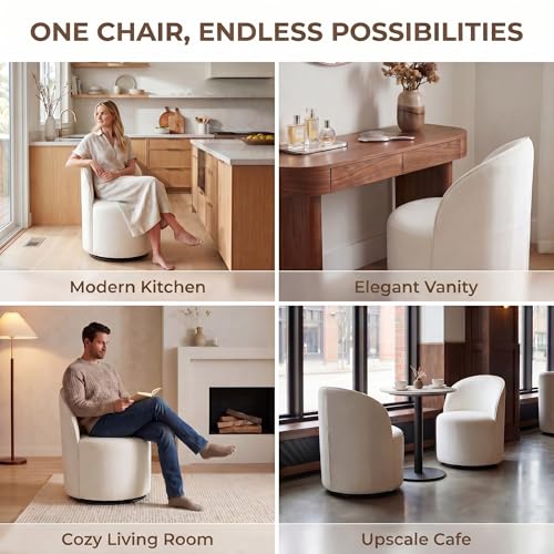 Image of HNY Upholstered Swivel Dining Chairs Set of 2, Mid Century Modern Kitchen Round Velvet Dining Room Chairs, Barrel Comfy Armless Accent Makeup Vanity Side Chairs for Living Room, White