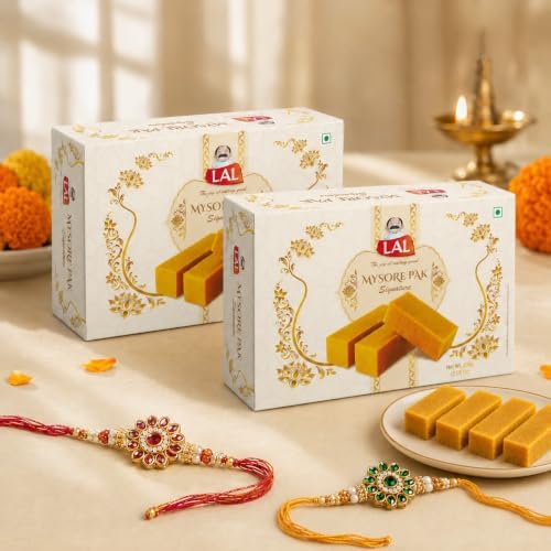 Lal Sweets Mysore Pak with Rakhi 400g Each (Pack of 2) | Traditional Sweets Rakhi with | Soft & Melt-in-Mouth Texture | Made with Pure Desi Ghee | Authentic Indian Mithai | No Preservatives | Festival Gift Hamper for Celebrations | Made With Sulfur-Free Sugar | 800g
