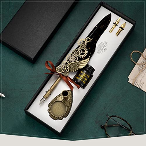 Image of Luxury Feather Quill Dip Pen Set with Stand & Black Ink - Vintage Calligraphy Writing Kit with 2 Extra Nibs - Elegant Signature Pen Gift for Kids, Writers & Artists (Ink Feather Pen Black)