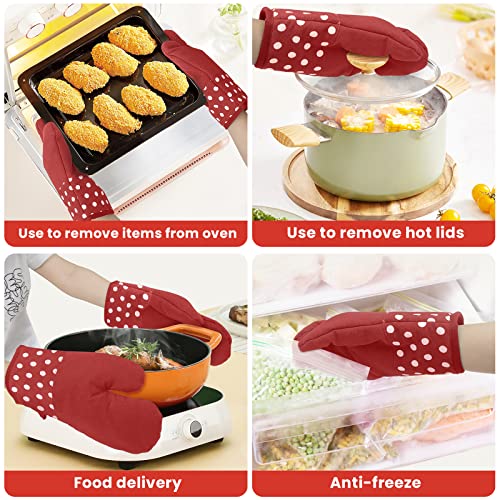Oven Mitts And Pot Holders, 4 Piece Heat Resistant Thick Cotton Oven Mitts, Comfortable Cotton Oven Gloves For Cooking, Baking And Grilling, Red Dots #TOP3