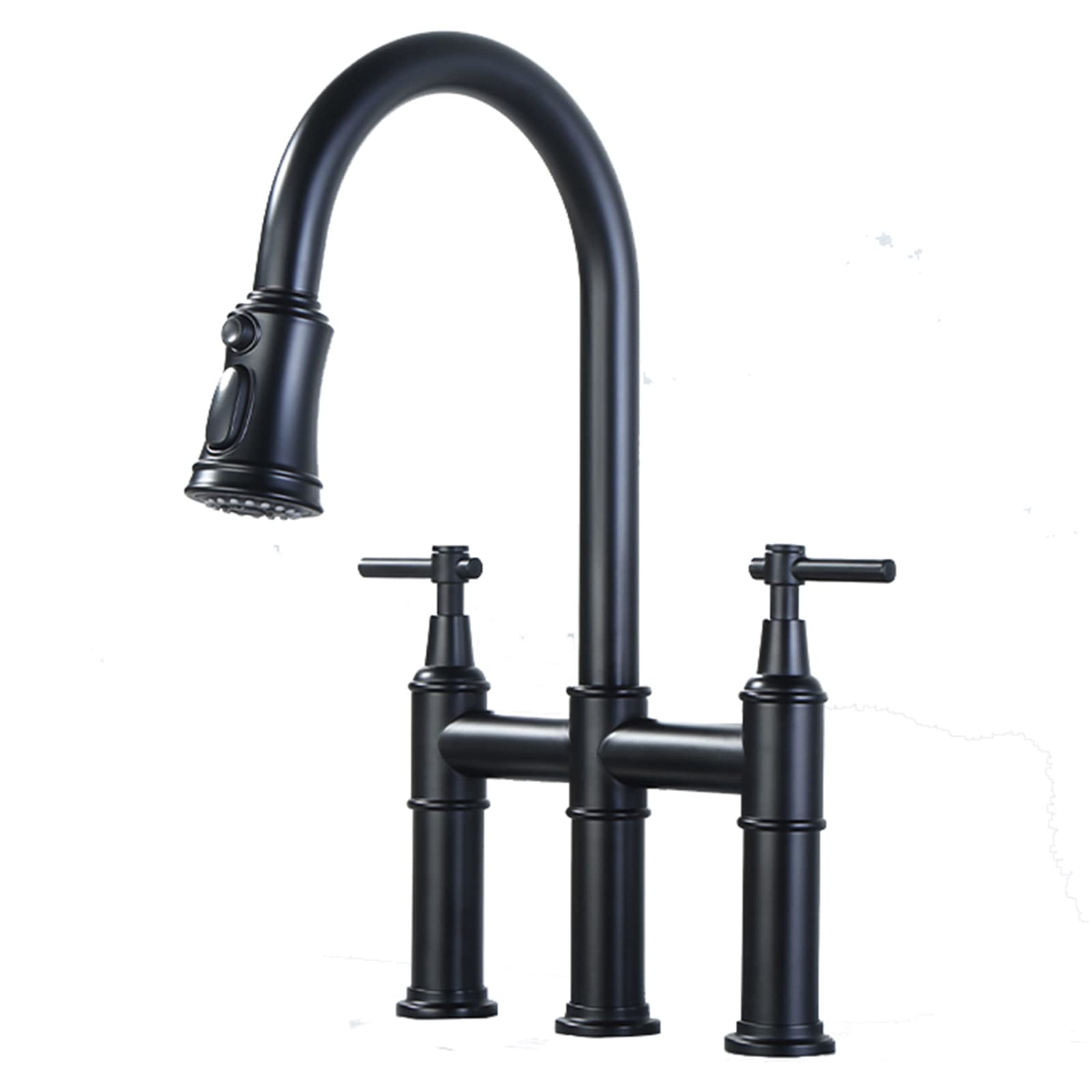 MXXQRHF Pull-Down Kitchen Faucets, Brass Swivel Kitchen Sink Faucet with Three Function Pull Out Sprayer, Dual Handle Hot and Cold Water Kitchen Mixer Tap, Three Hole,Black (Color : Nero)
