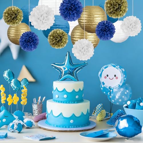 Image of 18 PCS Blue White Gold Paper Lanterns & Tissue Paper Pom Poms for Men's Birthday, Graduation 2026, Wedding, Hanging Paper Party Decoration Set for Indoor Outdoor Events Theme Party Supplies
