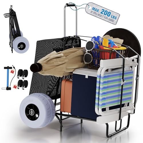PYY Beach Cart with Big Balloon Wheels for Sand, Foldable Wagon Dolly Buggy Trolley for Outdoor Camping Shopping Fishing with 200 Lbs Loading Capacity, 9' Large Rolling Tires, Collapsible Storage Bag