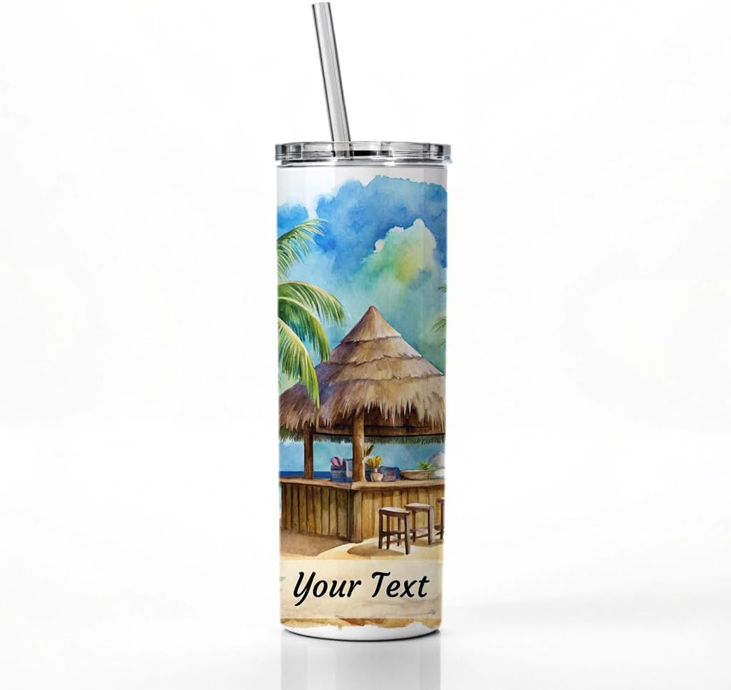 Personalized Custom Name Text Beach Resort Tropical Scene With Tiki Bar Skinny Tumbler 20oz with Straw Insulated Water Bottle Gift - 1 Line Horizontal