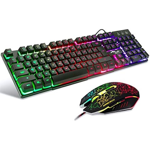 BAKTH Gaming Tastatur und Maus Set, LED Hintergrundbeleuchtung QWERTZ DE Layout, Regenbogen Farben Beleuchtete USB Wasserdicht Tastatur und Maus mit 2400 DPI für Pro PC Gamer Cover