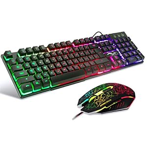BAKTH Gaming Tastatur und Maus Set, LED Hintergrundbeleuchtung QWERTZ DE Layout, Regenbogen Farben Beleuchtete USB Wasserdicht Tastatur und Maus mit 2400 DPI für Pro PC Gamer