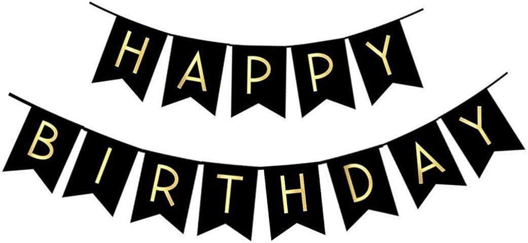 Fecedy Black Happy Birthday Bunting Banner with Shiny Gold Letters Pre-Strung No DIY for Birthday Party Decorations (Black)