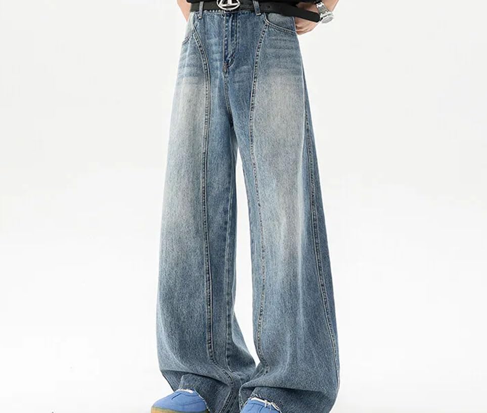 Men’S Wide Leg Washed Jeans High Waist Loose Fit Denim Pants Streetwear Style Zipper Fly Light Wash Jeans3