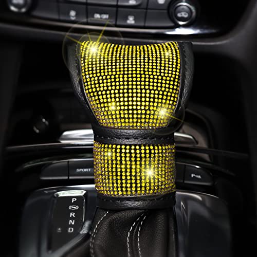 Tobequeen Yellow Steering Wheel Cover Set 15 Inch,7 Pack Crystal Rhinestone Diamond Yellow Bling Car Accessories Set,Seat Belt Cover,Bling Gear Shift Cover,Puch Start Ring,Car Cup Coaster,Yellow #TOP3