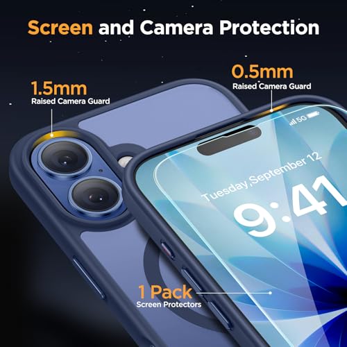 Image of Miracase Magnetic for iPhone 17 Case (Compatible with MagSafe) with Screen Protector Military-Grade Protection, Anti-Fingerprint Translucent Matte Phone Cover for iPhone 17 6.3 inch, Dark Blue