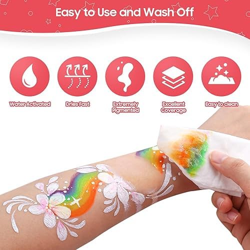 Image of Professional 42 Color Face Painting Kit For Kids And Adults | Non Toxic Water Activated Face Paint Palette With Uv Glow And Glitter Colors | Includes Brushes Stencils Gems
