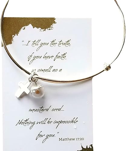 Pulsera de acero inoxidable con semilla de mostaza y cruz, regalo de fe cristiana para babtismo, confirmación, inspiración, aliento.