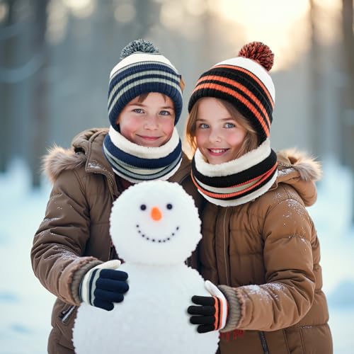 Image of Kids Winter Hat Gloves Scarf Set: Girls Boys Beanie Fleece Lined Ages 6-10