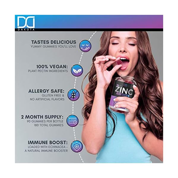 Dakota 120 Gummies Zinc 50mg Supplements Chewable Gummies w Vitamin D3 Echinacea Vitamins for Adults Kids, Zinc Gummy Immune Support