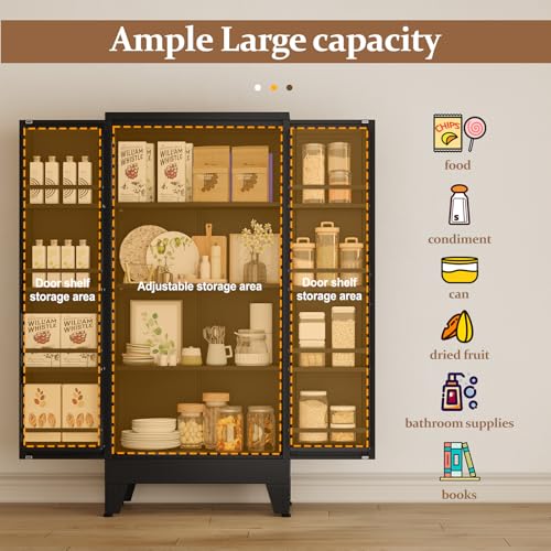 Image of GAIOUS Metal Kitchen Pantry Cabinet, Storage Cabinets with 2 Door and 3 Adjustable Shelves, Black Freestanding Food Storage Cabinet, Steel Cupboard for Kitchen Dinning Room