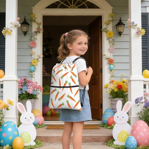 Image of Easter Cartoon Carrots Drawstring Backpack, Waterproof Drawstring Bag for Gym Sports Easter Party Gift, Women Men Durable Sackpack Bag with Front Zipper Pocket and Inside Zipper Pocket