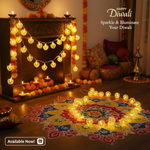 Image of MIRADH 14 Golden Apple Shape Led Lantern 16ft Star Fairy Lights Diwali Christmasdiwali Lighting for Home Decoration Lights for Garden,Home,Party,Bedroom (Warm White- Star Shape)