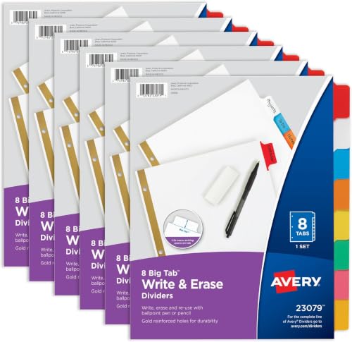 Avery Write & Erase Dividers, 8-Tab, Multicolor, 6 Sets (Pack of 8)