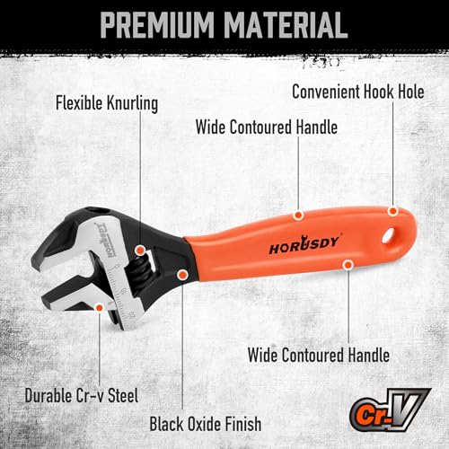 Image of HORUSDY 6 inch Adjustable Wrench Pipe Spanner: Wide Jaw Black Oxide Wrench With Cushion Grip, Laser Marked Metric & SAE Scales, CR-V Steel, for Professionals