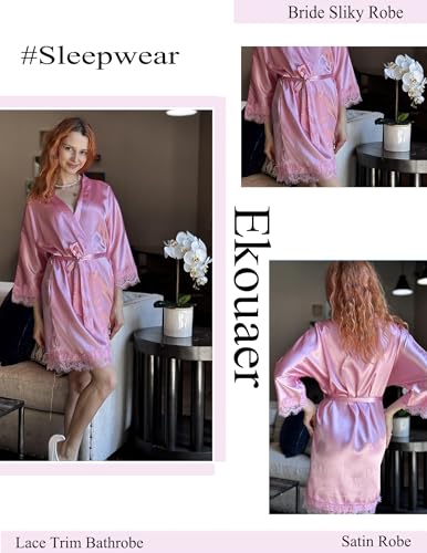 Image of Ekouaer Womens Silk Robes Short Lace Trim Satin Bride Bathrobe with Pockets