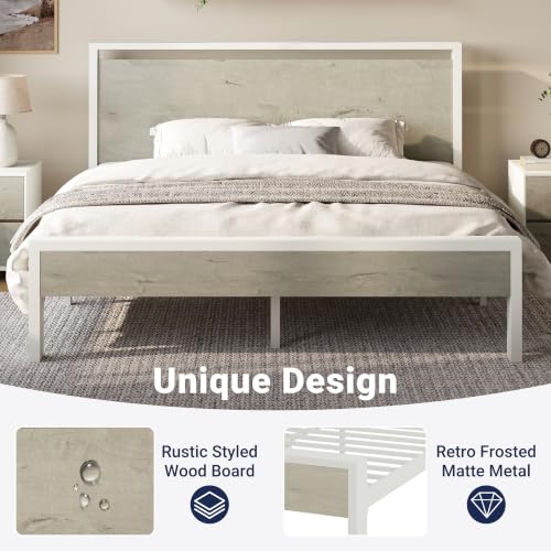 Image of Allewie King Size Bed Frame, Heavy Duty 12 Metal Slats Support, White | Wooden Headboard and Footboard, Modern Platform Bed, No Box Spring Needed, Under-Bed Storage, Noise Free, Easy Assembly