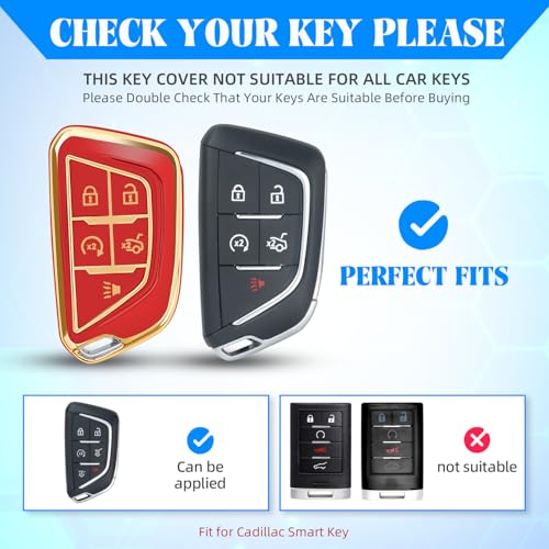Image of QBUC for Cadillac Key Fob Cover with Leather Keychain (Gold Trim Red) | Soft TPU Protection Case Compatible with 2020-2026 Cadillac Escalade Lyriq Optiq 5-Buttons