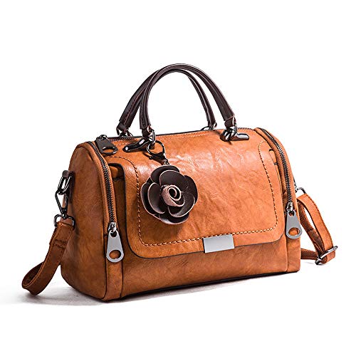 Boston Bags For Women Medium Top Handle Satchel Brown Round Purse Flower Leather Handbag #TOP1